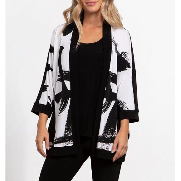 Sympli Women's Kimono Cardigan Black and White Size 14 Abstract Print NWT